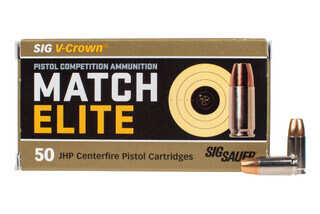 SIG V-Crown Pistol Competition Ammunition Match Elite 9mm comes in a box of 50 JHP cartridges